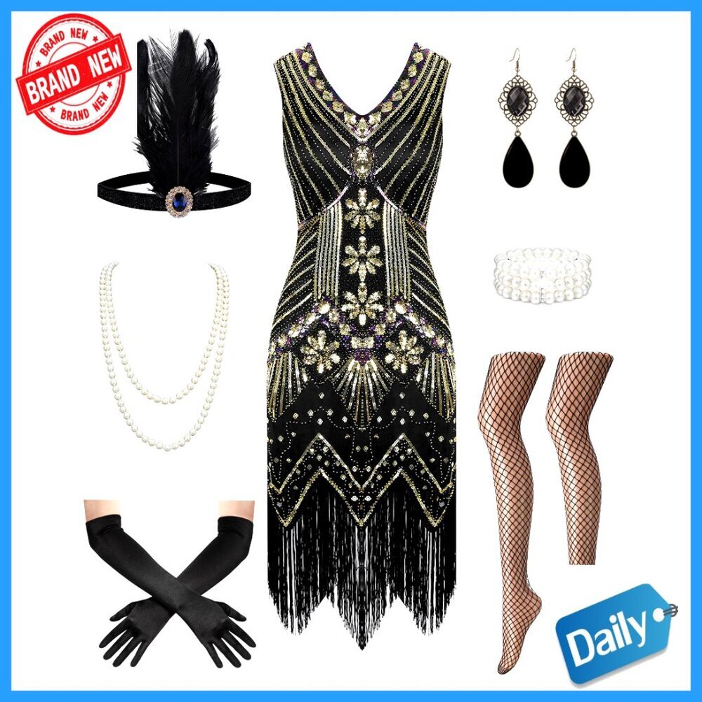 Sequin Fringe Flapper Dress Set with Accessories, Sizes S-XL